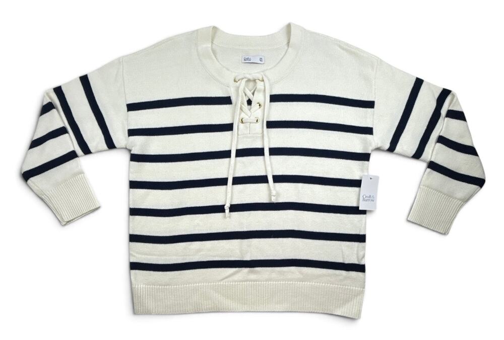 Croft Barrow Sweater Nautical White Blue Striped Lace Up V-Neck Womens XXL